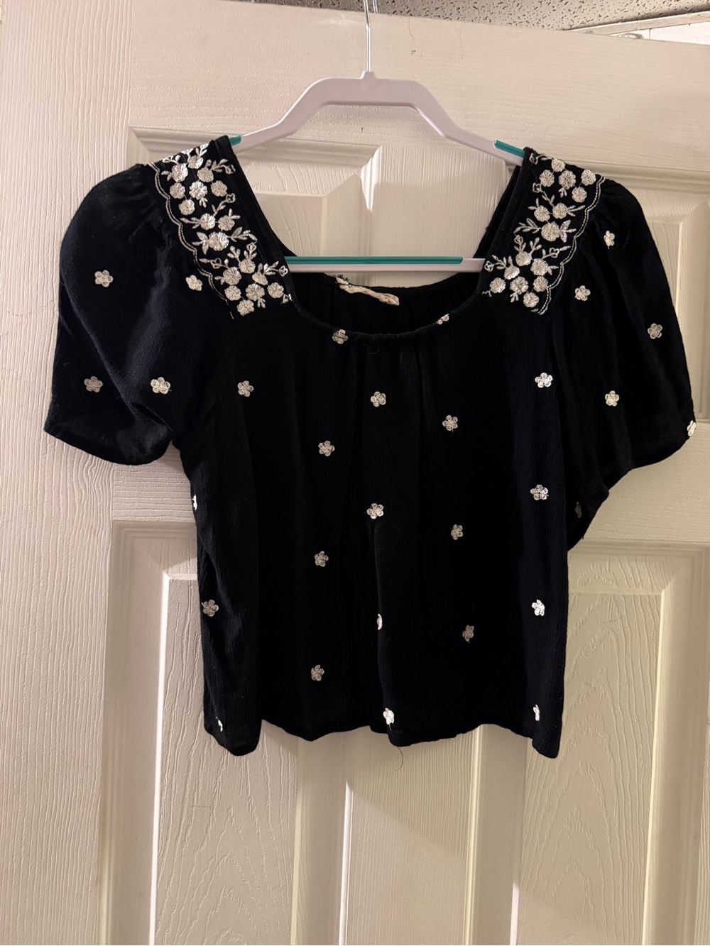 Black Embroidered Square-Neck Women's Top
